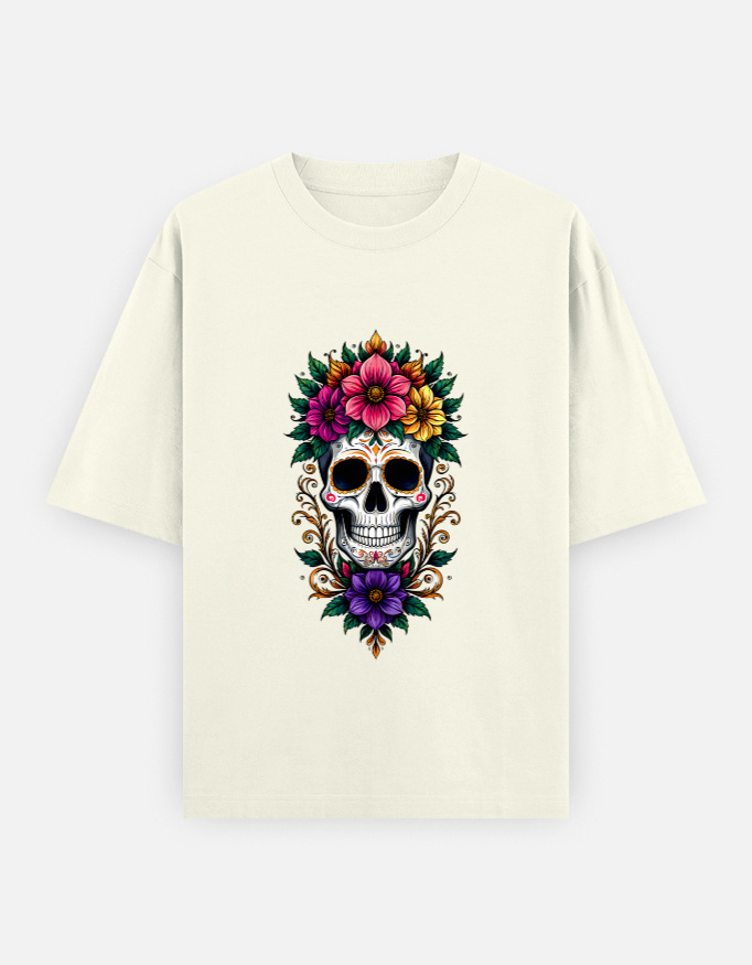 Human skull decorated with colorful flowers.