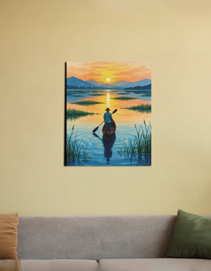 Boatman rowing a boat in the sunset.