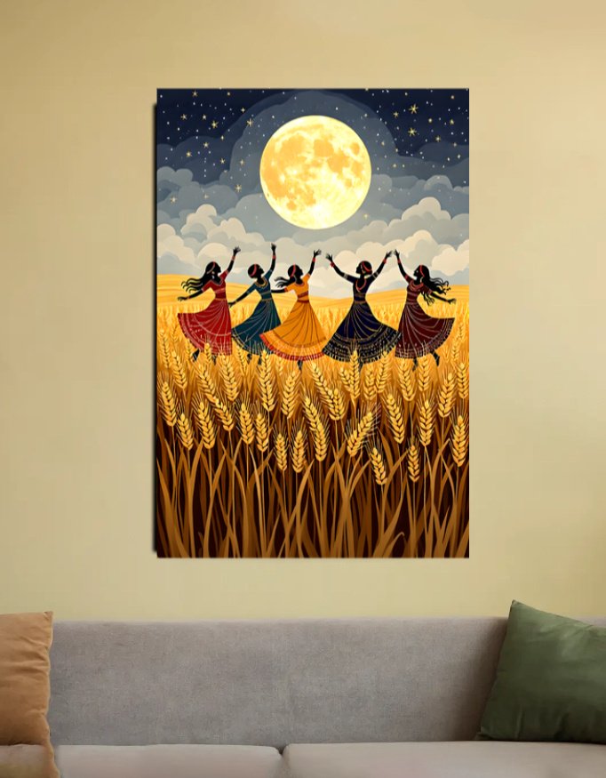 Female dancers dancing in the grain field on a full moon night.
